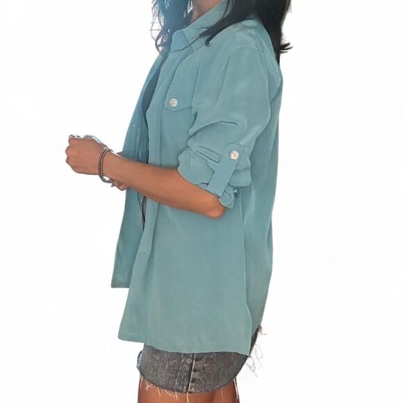 Vintage Teal Blue Sutton Studios 100% Silk Button Up Blouse - Picture 7 of 8